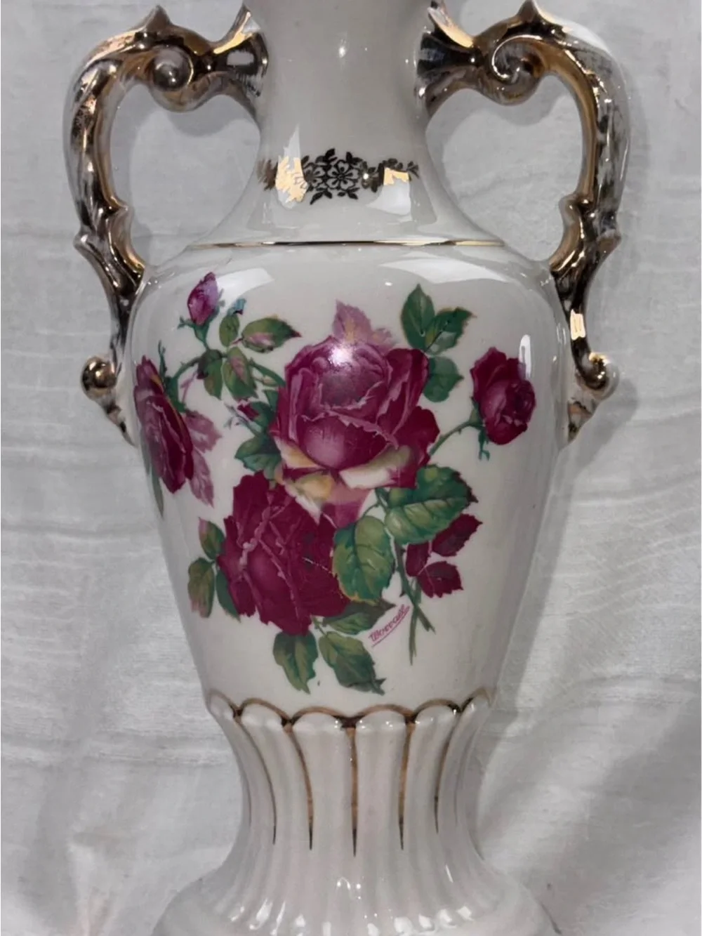 Source Unknown White Porcelain Lantern with Pink Rose Motif and Gold Accents